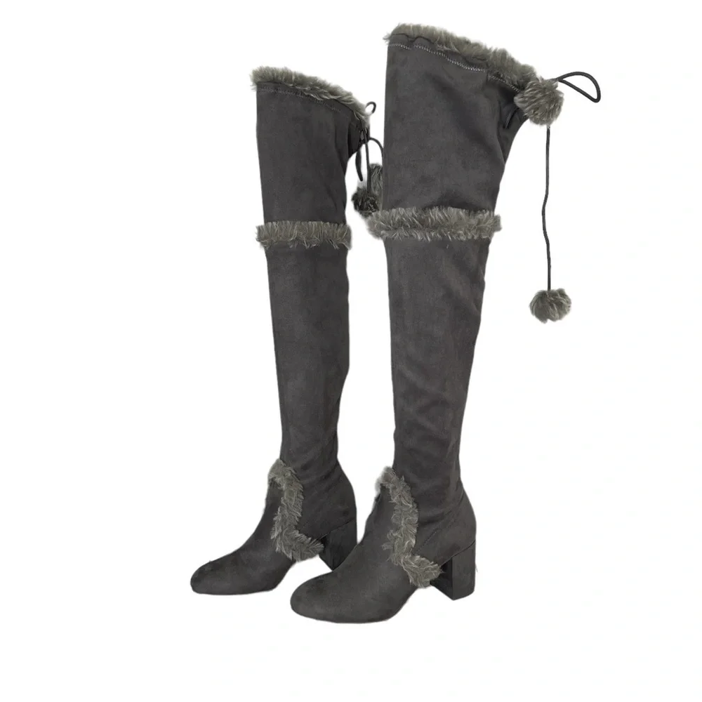 Charles By Charles David Grey Faux Fur Trimmed Over-the-Knee Boot